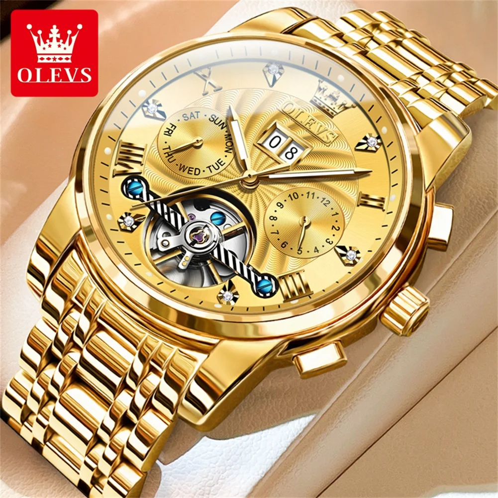 OLEVS Mens Watch Automatic Mechanical Tourbillon Slef-Wind Luxury Stainless Steel Waterproof Luminous Date Wrist Watch