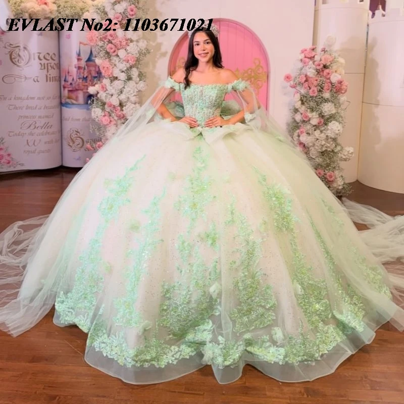 

EVLAST индивидуальное блестящее платье Quinceanera с открытыми плечами, кружевная накидка с аппликацией и бисером, Sweet 16, Vestidos De 15 Anos E2QA82