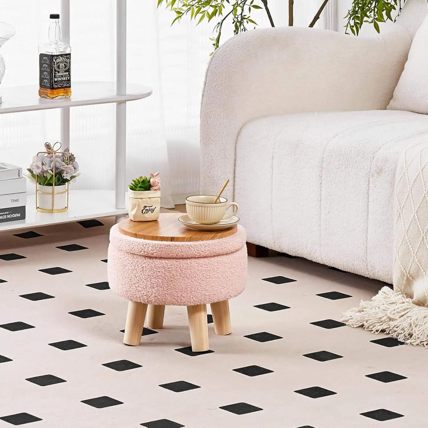 28cm Multi-Purpose Velvet Stool - Soft Round Footstool with Storage for Living Room, Hallway as Small Table or Plant Stand