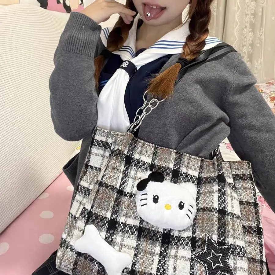 Hello Kitty Kawaii Sanrio Large Capacity One Shoulder Tote Bag Y2K Academy Style Crossbody Bag Trendy Anime Storage Girl Gift