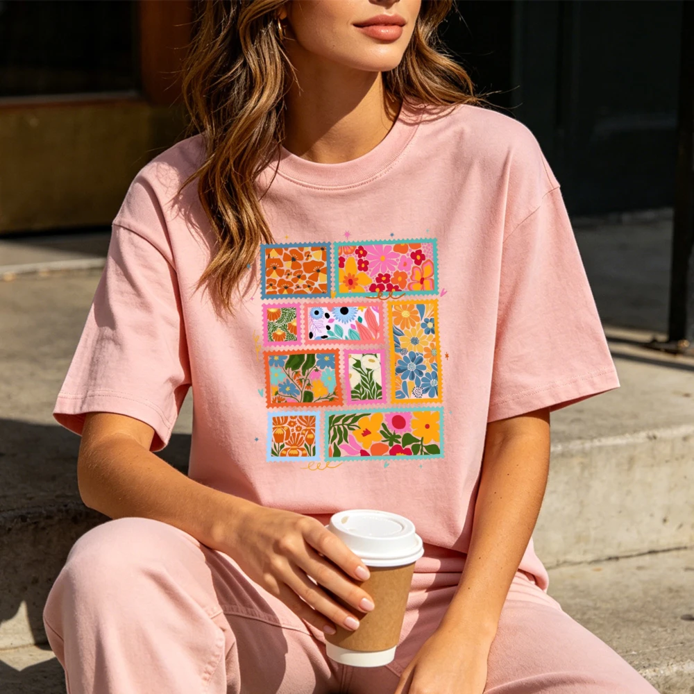 Colorful Floral Stamp Collage Graphic T-Shirt Retro Boho Flower Art Tee Bright Botanical Print Women Casual Cotton Short Sleeve