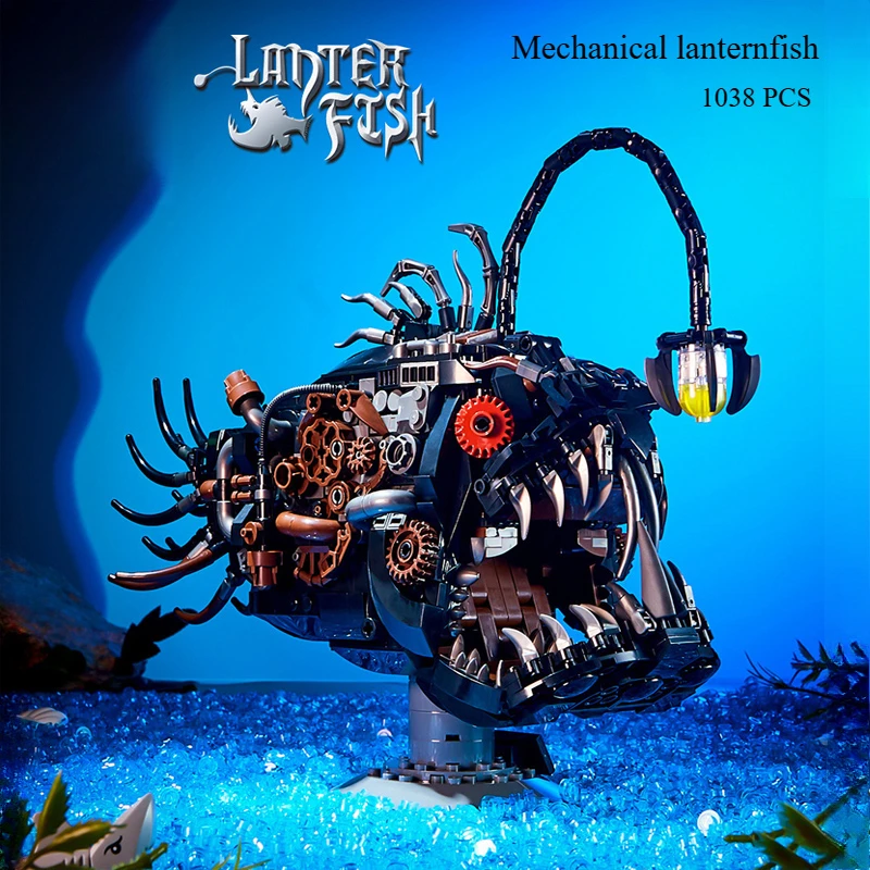 [1038pcs] Steampunk Anglerfish Building Block Model, 14+, Mechanical Sea Creature Collectible Desktop Decor