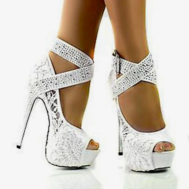 

Bling Cross Strap Buckle Platform White Floral Lace Pumps Woman Crystal Drilled Super High Heels Peep Toe Mujer Wedding Shoes