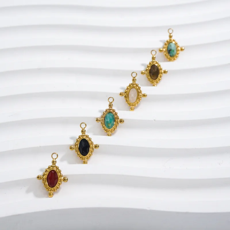

CARLIDANA Delicate Stainless Steel Gold Plated Geometric Rhombus Charm Colorful Oval Natural Stone Gems Pendant DIY Jewelry