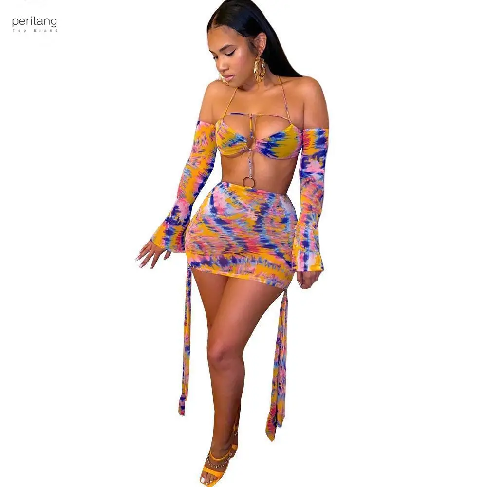 

Sheer Mesh Tie Dye Print Cut Out Beach wear Sexy Halter Long Sleeve Hollow Out Bandage Bodycon Club Party Clothing Female Dress
