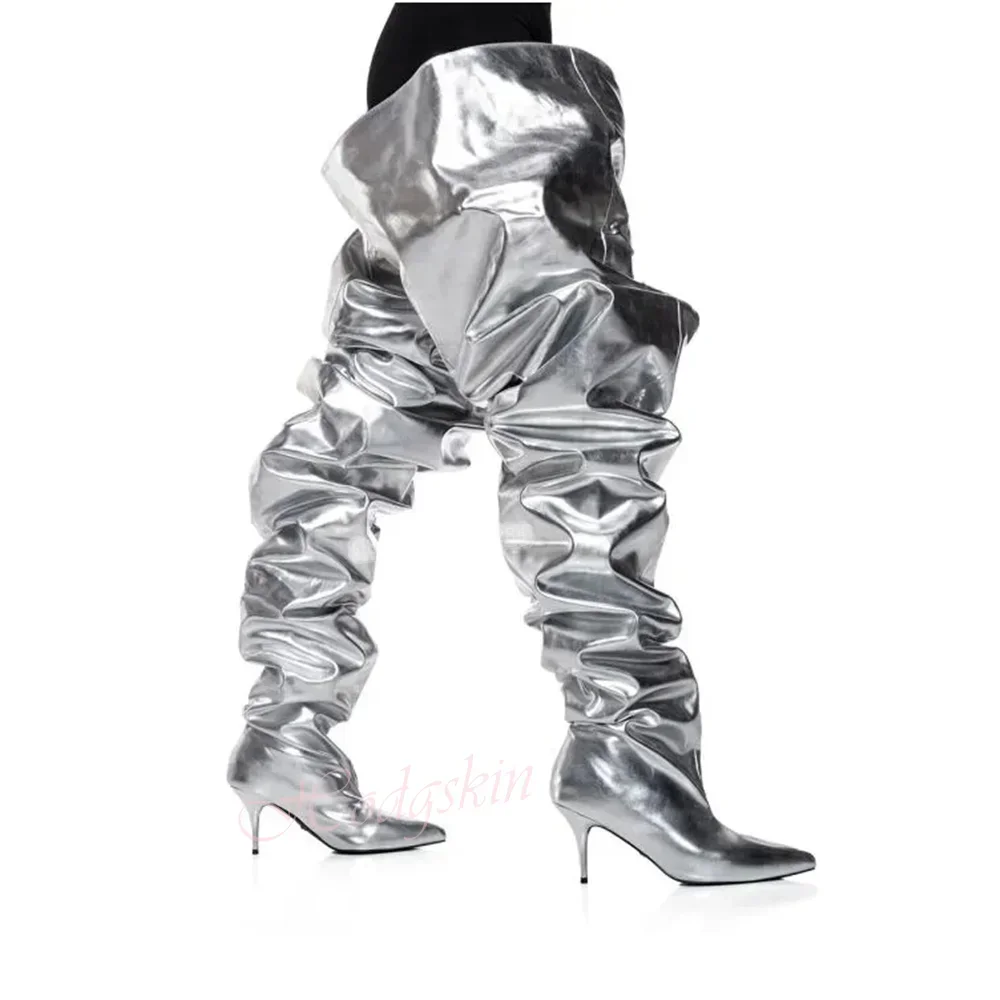 New Big Thigh High Boots Slip On Leather Pointy Toe Stiletto Heels Women Shoes Winter Party Designer Oversize Sexy Long Boots