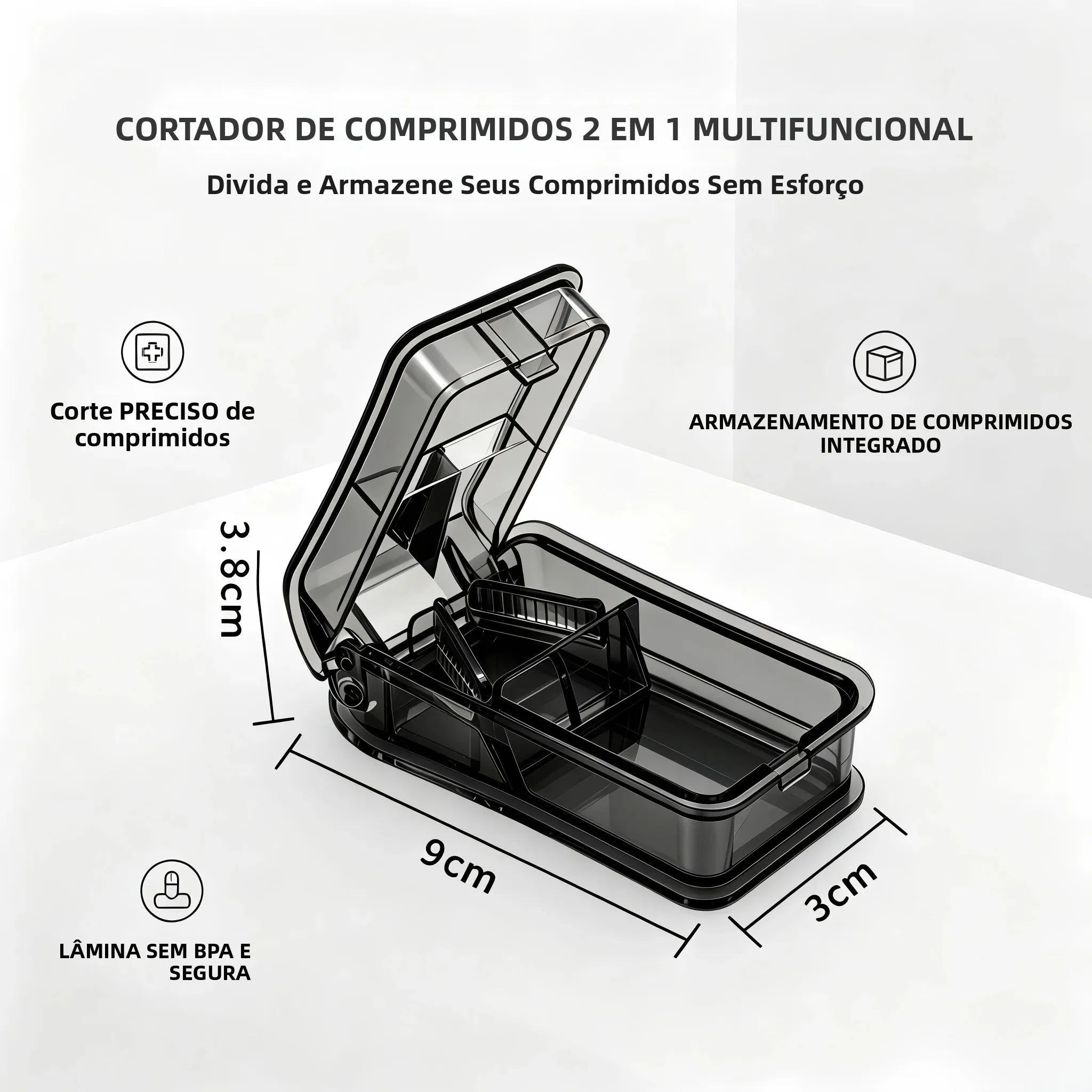 Cortador de Comprimidos 2 em 1 com Caixa de Armazenamento, Divisor de Comprimidos com Lâmina de Aço Inoxidável, Cortador de Medicamentos Portátil para Casa e Viagem