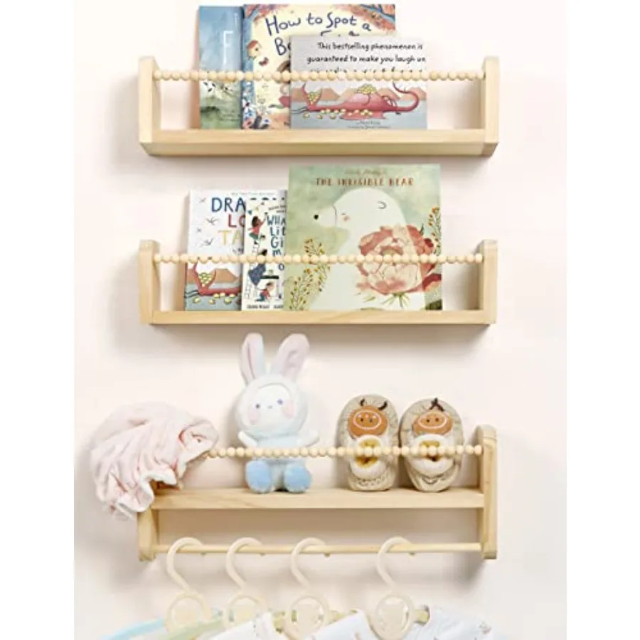 

Nursery Floating Shelves for Wall Set of 3 Book Shelves Natural Wood Wall Mounted Organizer with Towel Bar Hanging Bookshelves