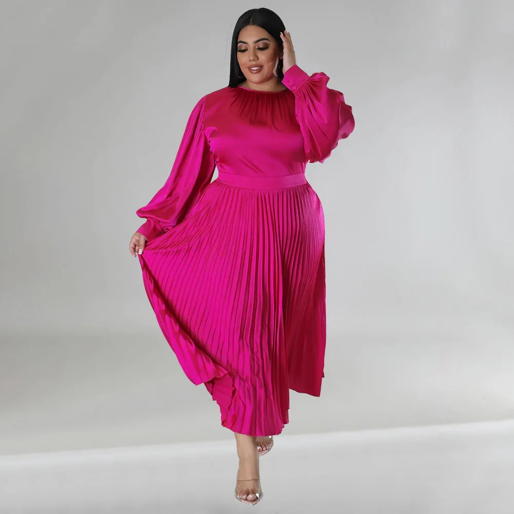 

Plus Size Dresses L-5XL Autumn Satin Long Sleeve Pleated Loose Dress Elegant Office Lady Long Vestidos Club Party Robes Outfits