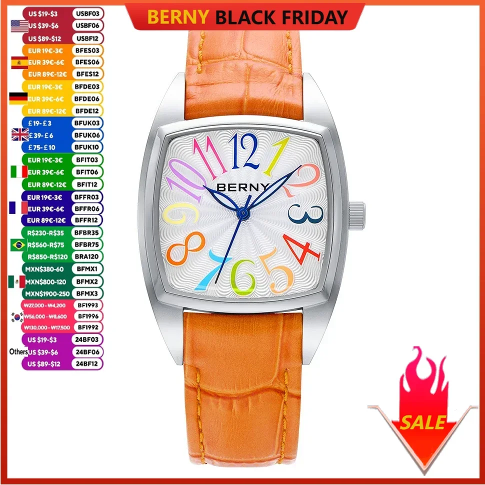 BERNY Women's Watches Elegant Casual S/S Leather Strap Square Quartz Woman Watch Ladies Colorful Numeral Easy Read Wristwatch