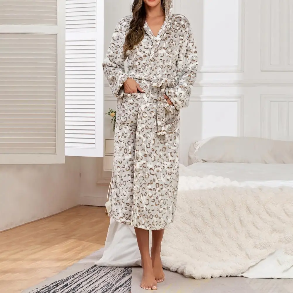 Women Winter Nightgown Flannel Warm Lace Up Adjustable Belt Hooded Collar Pockets Water Absorption Lady Homewear Hotel Bathrobe
