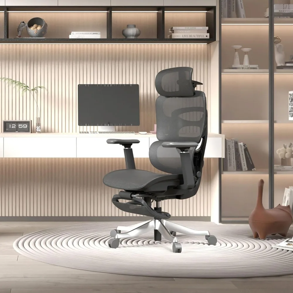 كرسي مكتب مريح، كرسي كمبيوتر شبكي عالي الظهر مع مسند رأس ثلاثي الأبعاد، دعم قطني قابل للتعديل، 145 °   الميل، مساند للذراعين ثلاثية الأبعاد، دوارة