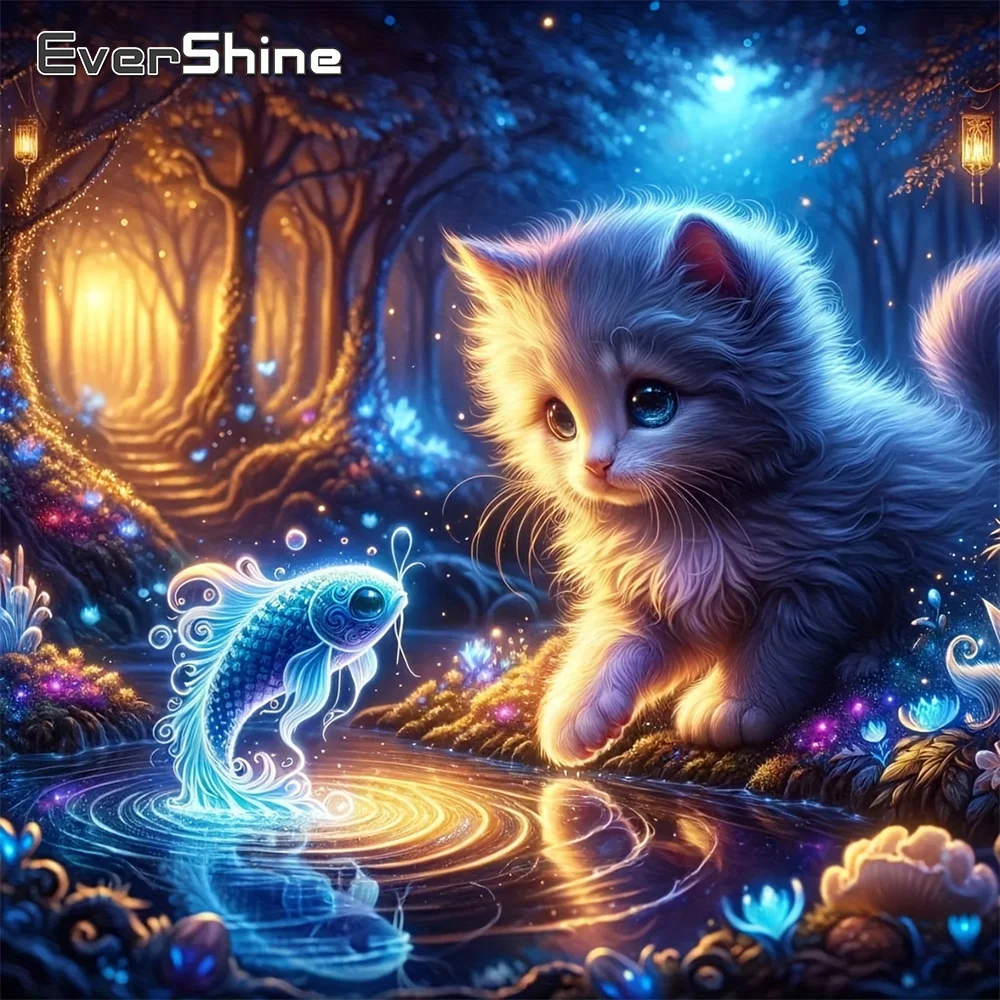 

Алмазная вышивка EverShine: Картина-мозаика с животными (Кот, Рыба) из страз, 5D, новинка, для детского творчества