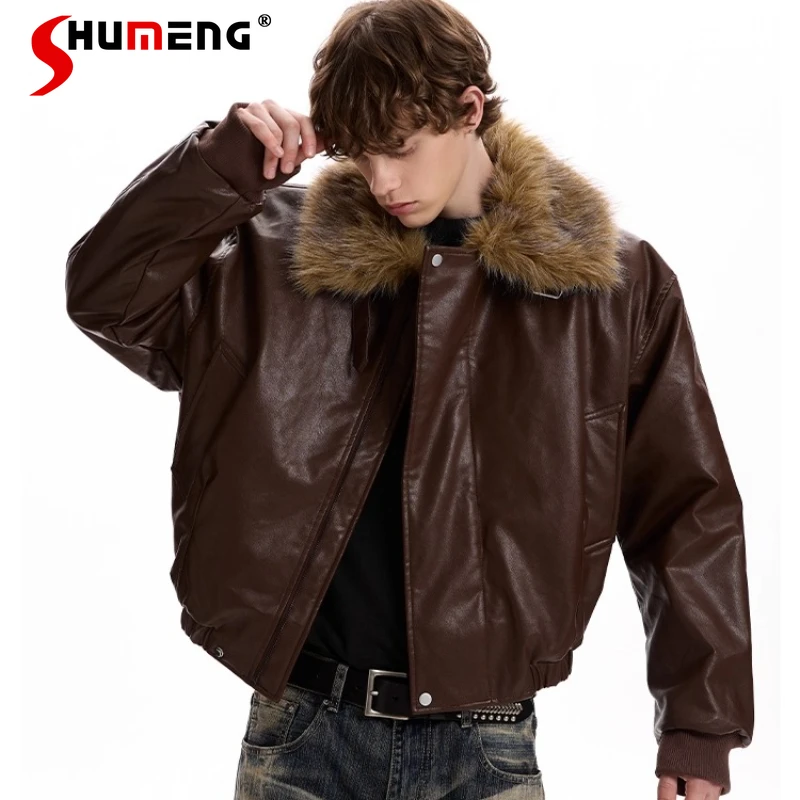 

Fashion American Style Retro Large Faux Fur Collar PU Leather Parkas Men Women 2025 Autumn New Loose Warm Trendy Thickened Coats