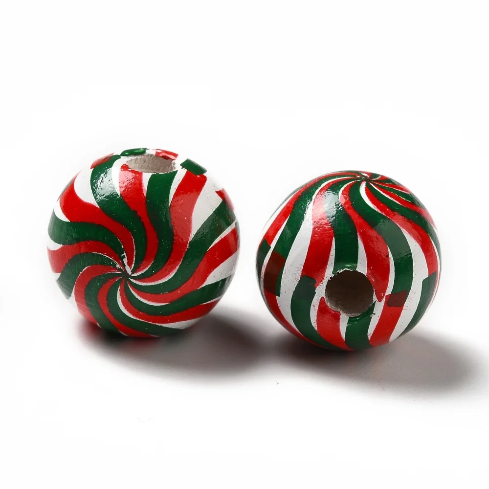200pcs Christmas Theme Printed Natural Wooden Beads 16mm Large Hole Loose Round with Vortex Pattern Wood Bead for jewelry making