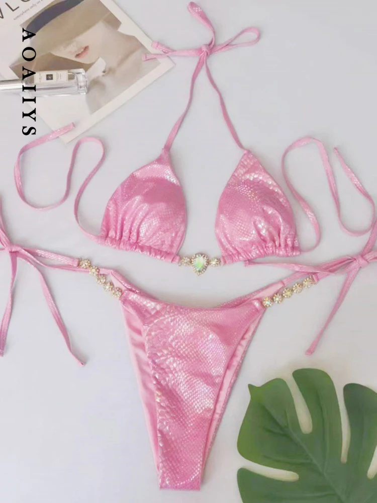 

Aoaiiys Diamonds Bikini Set Women Swimsuit Lace Up Halter Two-Piece Female Swimwear Bathing Summer 2025 Fashion Female Beachwear