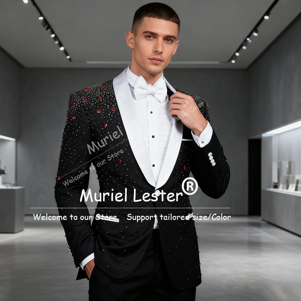 

Роскошный костюм с камнями из бисера для мужчин, белый блейзер с шалью и лацканами для выпускного вечера, индивидуальный комплект из 2 предметов, смокинги для жениха traje de hombre 2026