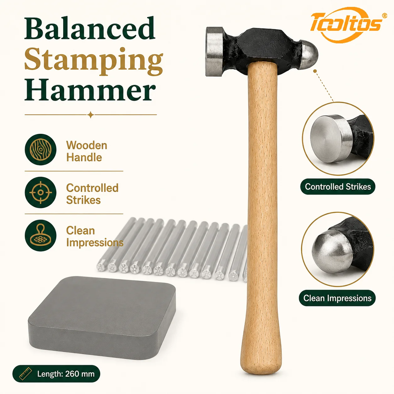 TOOLTOS Metal Stamping Tool Kit with 12 Design Stamps Chasing Hammer 10x10cm Bench Block for Jewelry Making Metal Texturing DIY Crafts