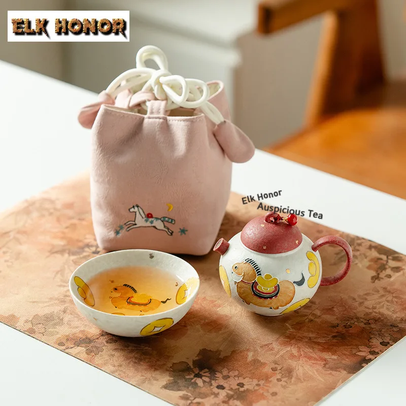 

Round Belly Travel Tea Set Kit Small Horse Tea Tools 1 Pot 1 Cup With Storage Bag Tea Maker Organizer Portable Picnic Handbag