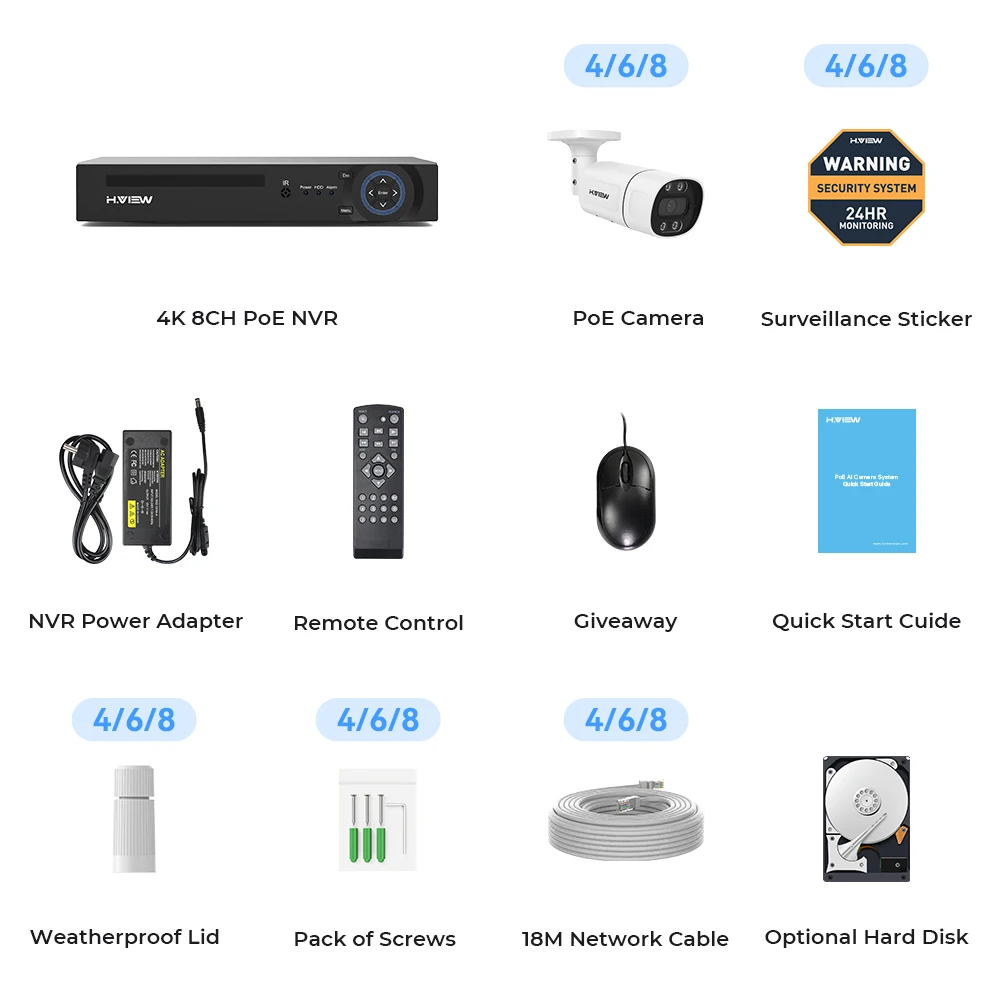 H.View 4K 5Mp 8Mp Poe CCTV Security Camera System Home Video Surveillance Kit 8Ch NVR Audio Outdoor Ip Camera XMEYE App