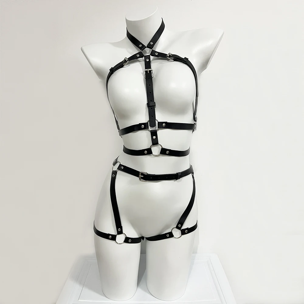 Women Sexy Body Harness Belt Set Leather Lingerie Garter Belt Lingerie Suspenders Bdsm Bondage Leg Harness Goth Fetish Clothing