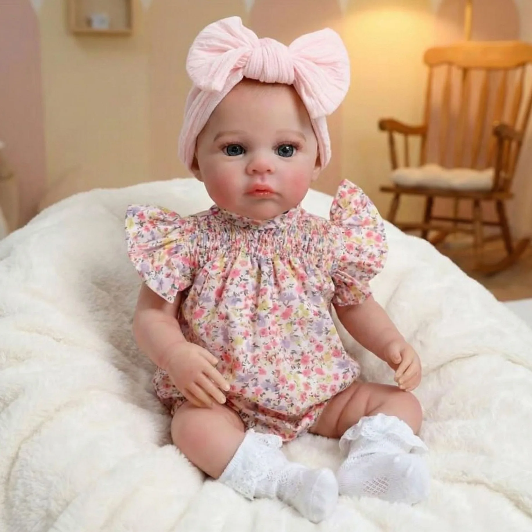 

18" Realistic Reborn Baby Girl Doll - Poseable Joints, Lifelike Skin Texture, Floral Dress & Big Bow, Ultra Lifelike Collectible