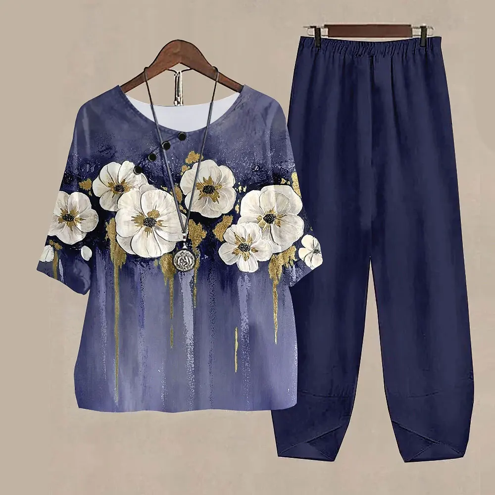 Conjunto de dos piezas para mujer, Top con estampado de flores, traje de manga corta con cuello redondo, pantalones de cintura alta Vintage, trajes