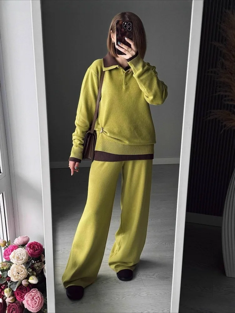 LIinar Fashionable Polo-Neck Long-Sleeve Pullover and Skirt Set 2026 Fall Winter Casual Slim-Fit Solid-Color Knit Set for Women