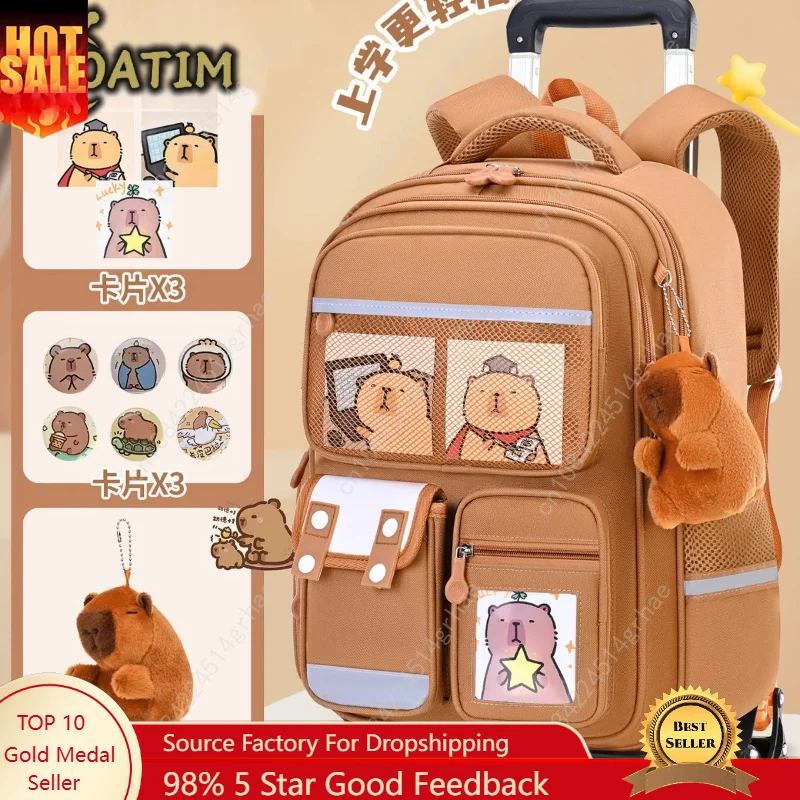 Capybara Children Cartoon School Backpack with Wheels Students Bags for Girls Boys Trolley  Schoolbag Rolling Wheeled Backpacks