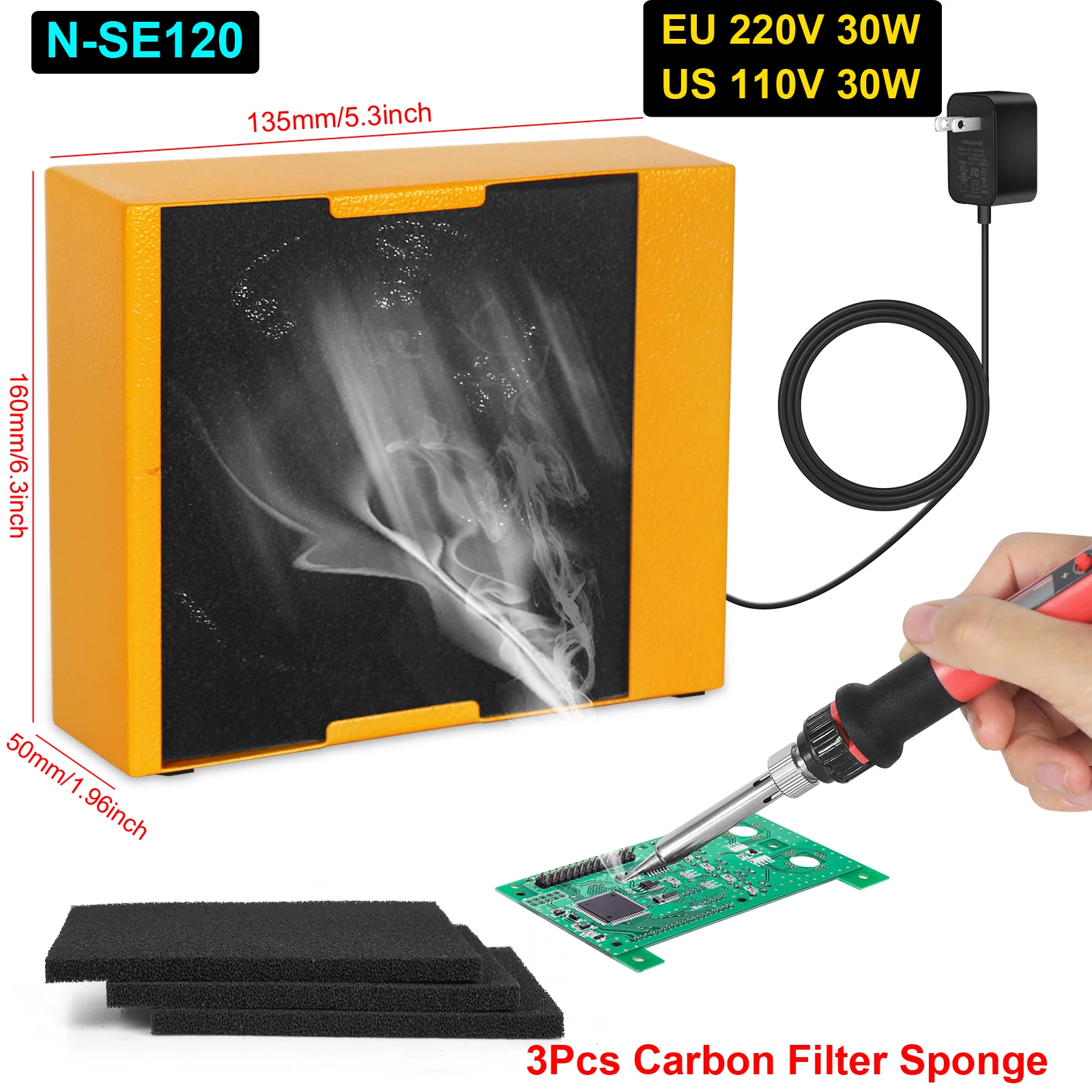 NEWACALOX 30W Anti-ESD Solder Smoke Absorber Portable Filter with 2PC Spare Activated Carbon Sponge for Soldering DIY Fan