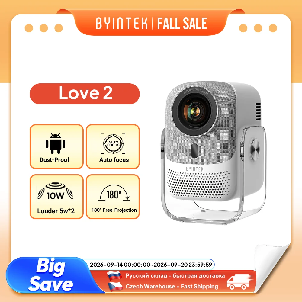 BYINTEK LOVE 2 1080P Full HD Smart Projector Auto Focus 180° Rotatable Android 9.0 5G WiFi Bluetooth Hone Theater Projectors
