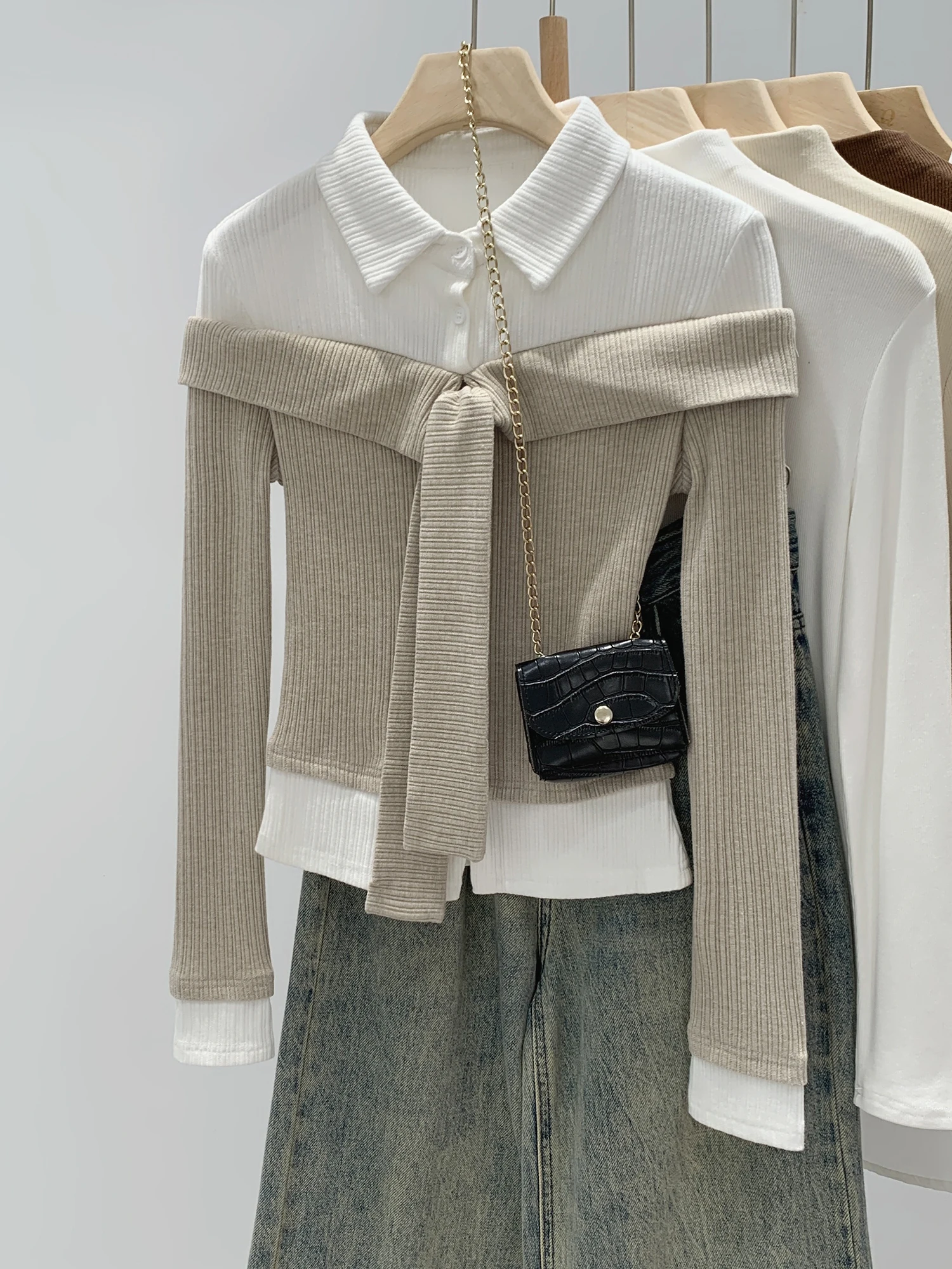  Knitted Base Shirt Women's Autumn Winter Flip-Collar Sash Inner Wear Fake Two-Piece Top Fashionable Commute Style