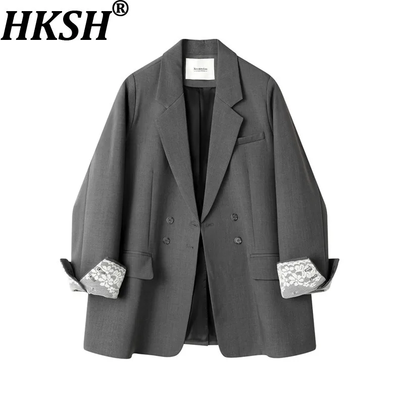 

HKSH Spring Autumn New Women Blazer Notched Collar Double Breasted Lace Cuff Patchwork Office Lady Coats High-End Jacket HK13130