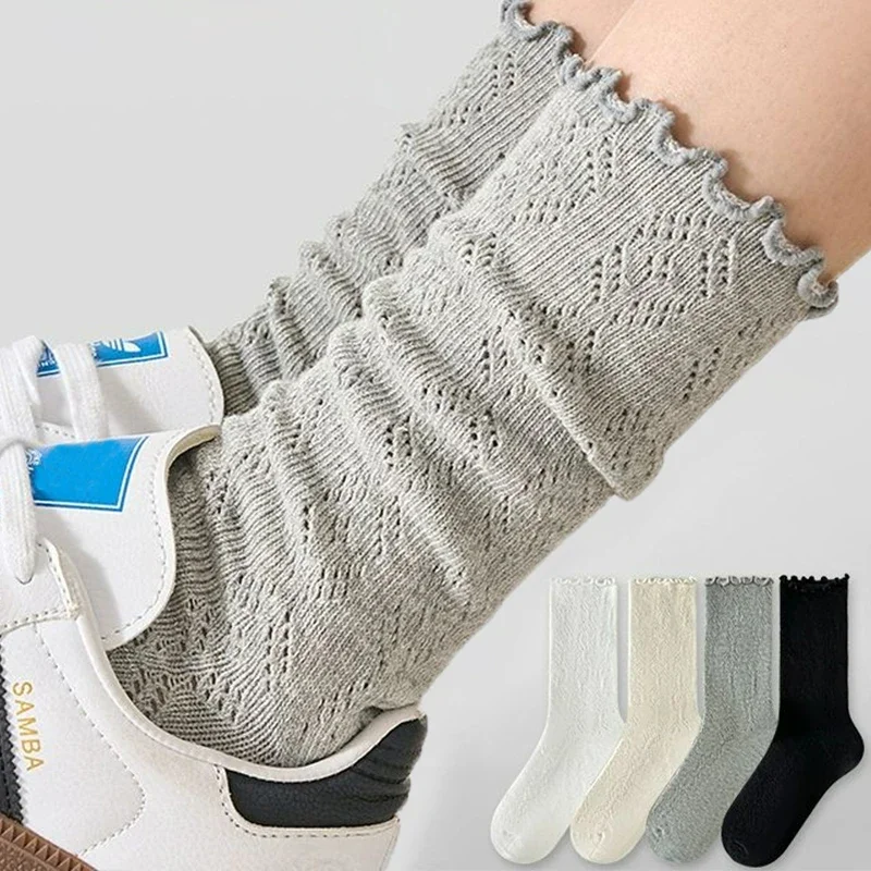 3pairs Women Socks Spring Summer Solid Color Vintage Hollow Mesh Socks Mid-tube Pile Socks Lace Roll Edge Pure Cotton Stockings