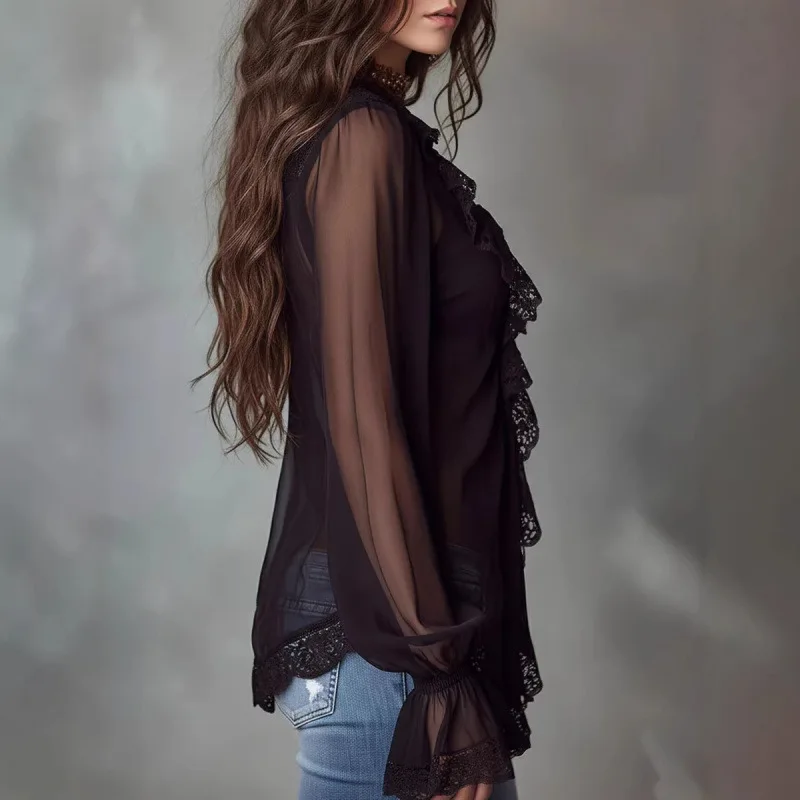 

Long Flare Sleeve Blouses for Women Ruffle V Neck Mesh Sexy Sweet Hot Girls Korean Fashion Style Irregular Hem See Through Tops
