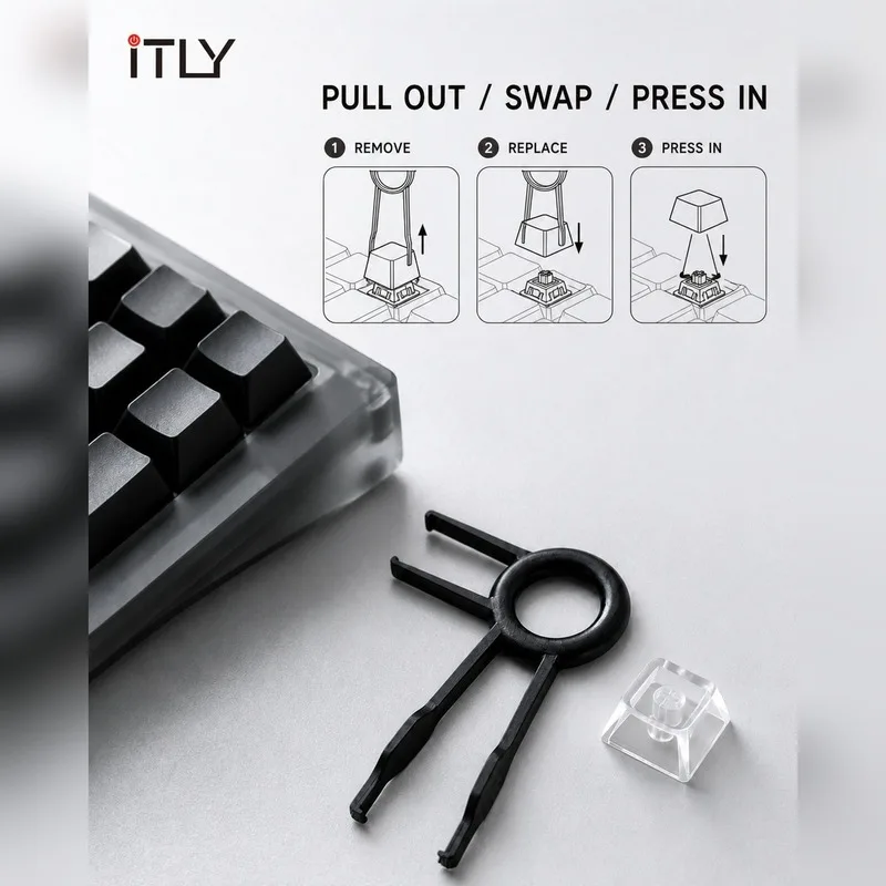 iTLY Square Transparent Keycaps Custom Mechanical Keyboard Replacement Key Cap, Free KP08 Black Keycap Puller Included