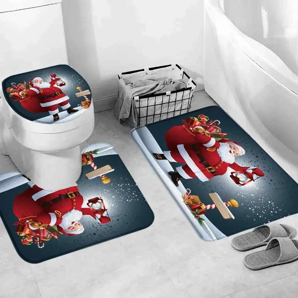 Merry Christmas Bathroom Rug Set Santa\'s Gift Green Pine Bells Happy New Year Bath Mat Toilet Mat Bathroom Rug Set