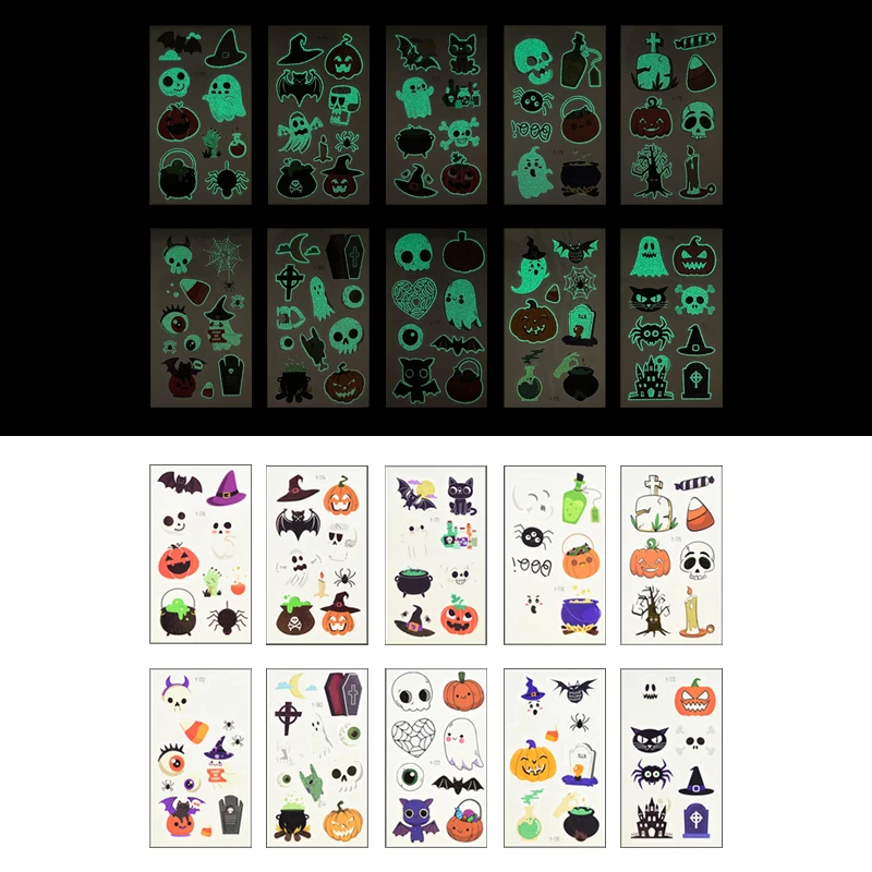 10pcs Glowing In Dark Spider Web Pumpkin Ghost Art Stickers Set Halloween Party Fluorescent Luminous Tattoo Decal Stickers Decor