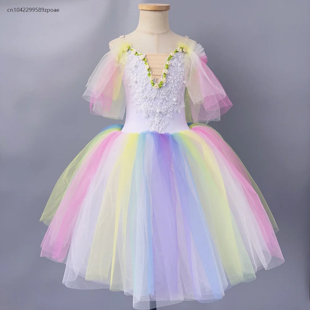 

Children's Girls Ballet Long Lace Flower Ballet Tutu Rainbow Retro Tutu Skirt Classic Swan Lake Performance Dance Ballet Costume