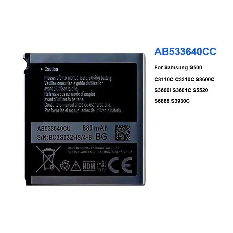 

AB533640CC AB533640CU Mobile Phone Battery for Samsung S6888 S3710 S3600 GT-S3600i S3930C S3601 S5520 S569 F338 880mAh Batteries