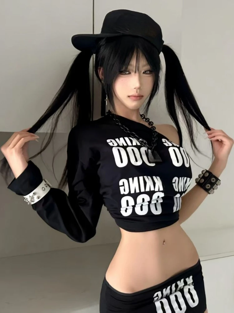 Y2k Aesthetic Two Pieces Set Women Skew Collar One Shoulder Cropped T-shirt + High Waist Letter Print Skirts Fairy Grunge Suit