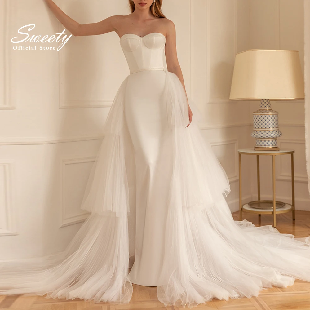 Abito da sposa staccabile di lusso in raso ricamato con cerniera senza spalline a sirena Vestido De Novia personalizzato