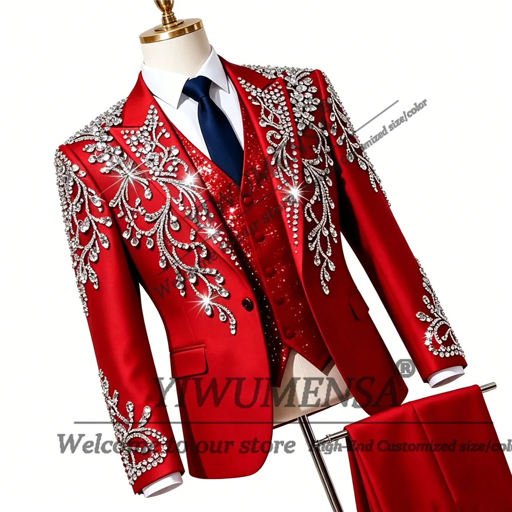 Male Fashion Suits For Wedding Exclusive Design Rhinestones Beaded Prom Groom Blazers Customized 3 Piecs Sets Man Banquet Outfit