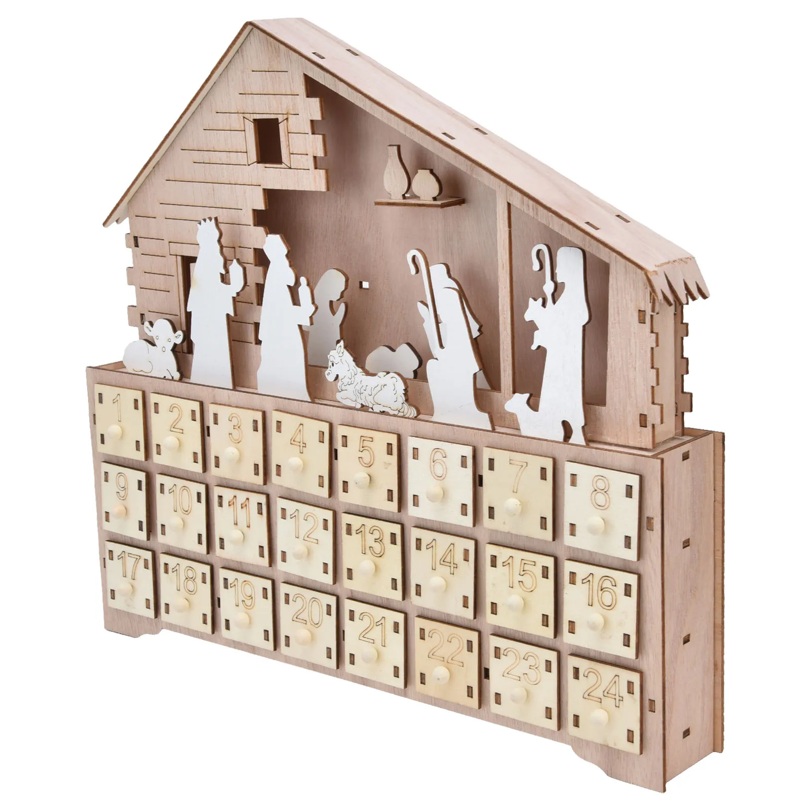 Wooden Christmas LED lights, calendar cabinet, Jesus' birth horse trough decoration, wooden Christmas countdown ornament