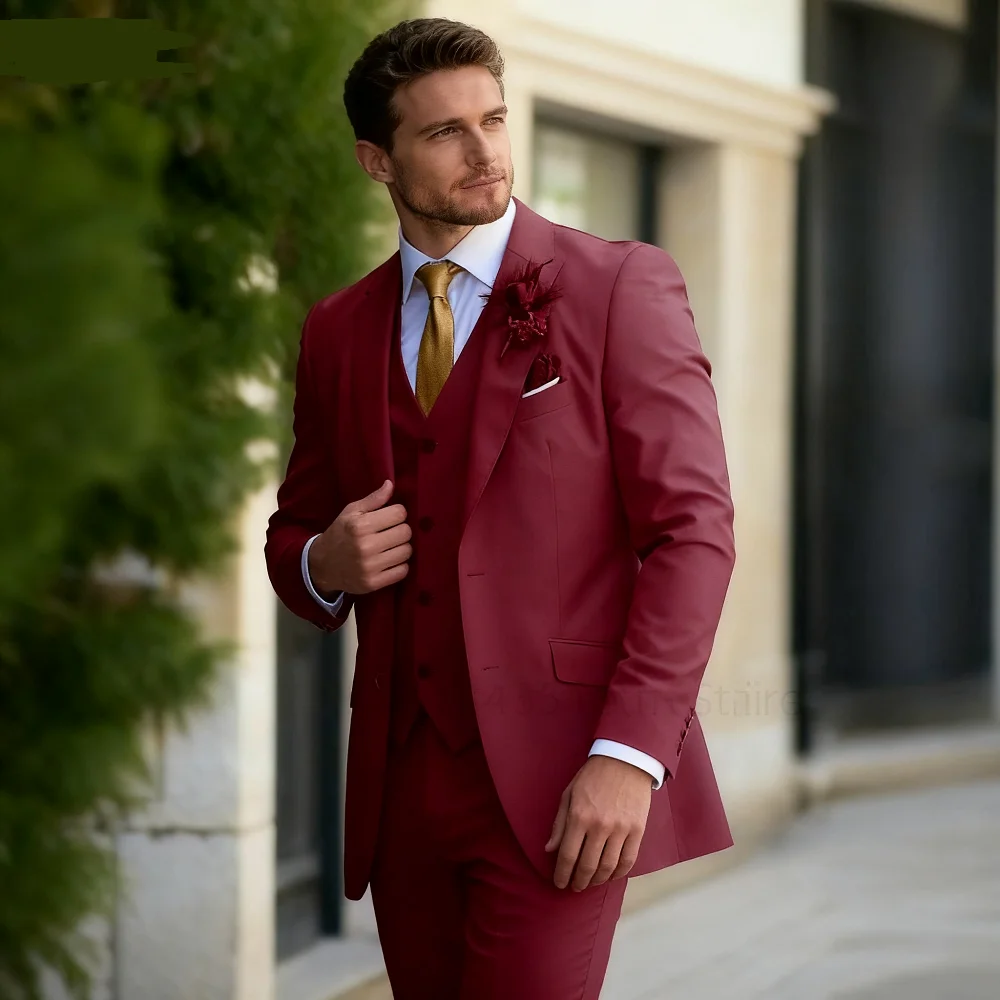 

3PCS Formal Solid Men's Suit Set - Wedding Business Party Prom Classic Occasion Jacket Vest Pants Ensemble