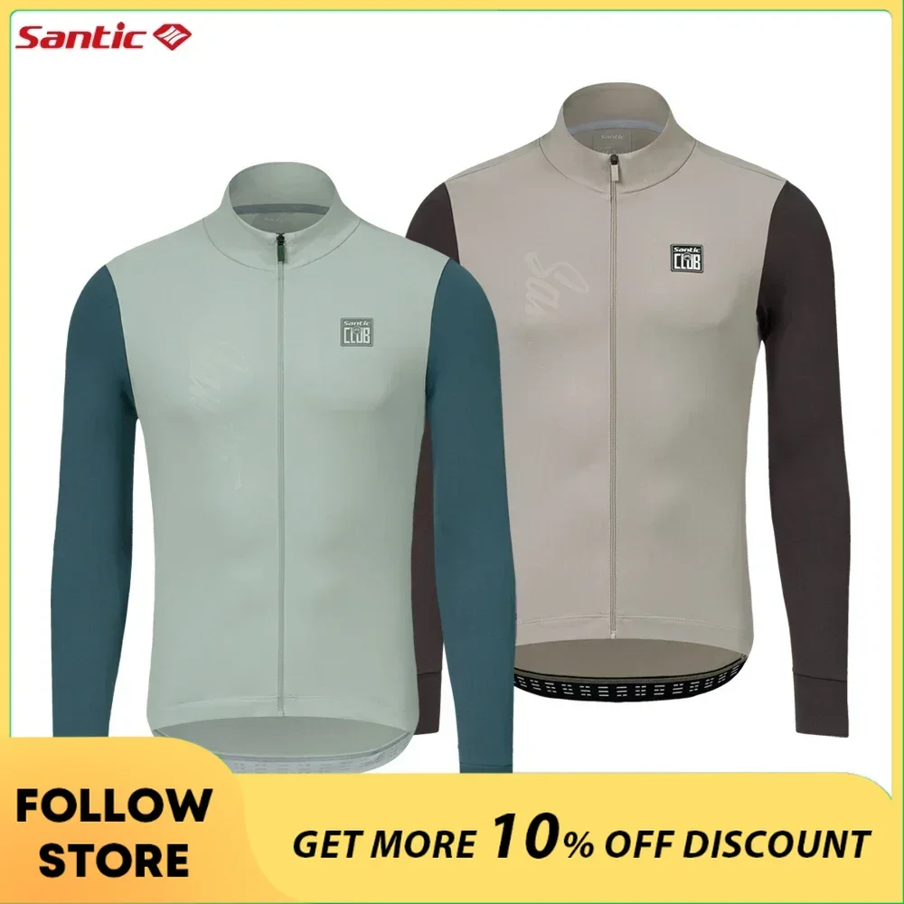 

Santic Men's Cycling Jersey Autumn Winter Thermal Fleece Bicycle Clothing Outdoor Windproof Full Zipper Long Sleeve Riding Tops