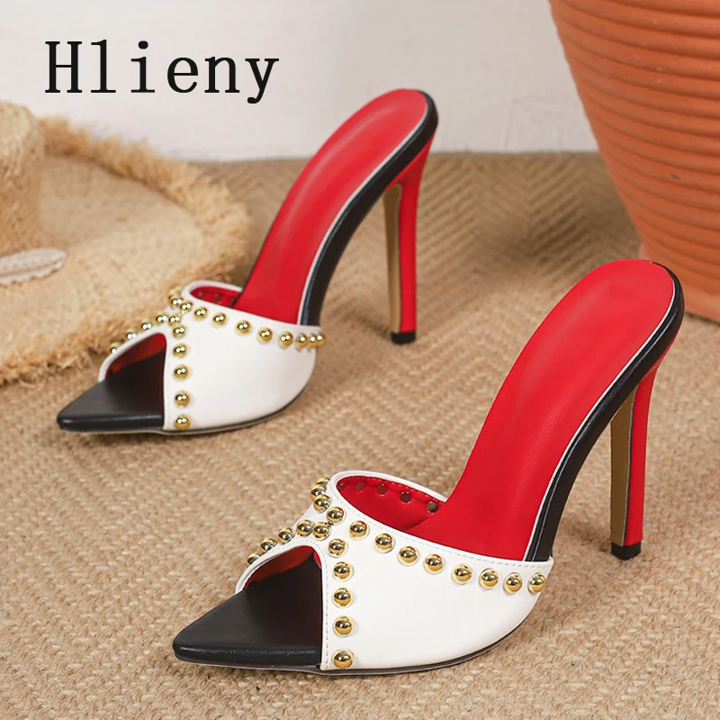 

Hlieny Fashion Metal Rivet Pointed Toe Women Slippers Street Style Thin High Heels Stripper Banquet Shoes Summer Party Sandals