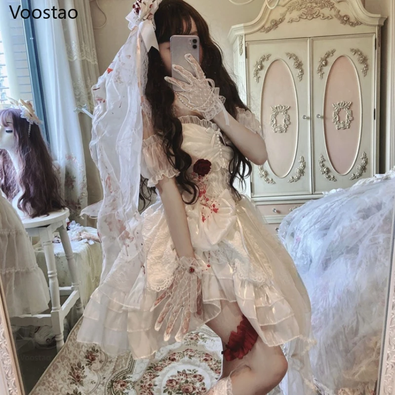 Gothic Lolita Princess Dress Women Vintage Terror Blood Bride Halloween Party Dresses Female Y2k Bandage Rose Lace Mini Vestidos