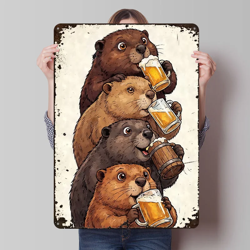 Stacked Beavers Drinking Beer Printed Poster Customized Retro Wall Art Vintage Metal Tin Signs for Room Accessories Home Decor