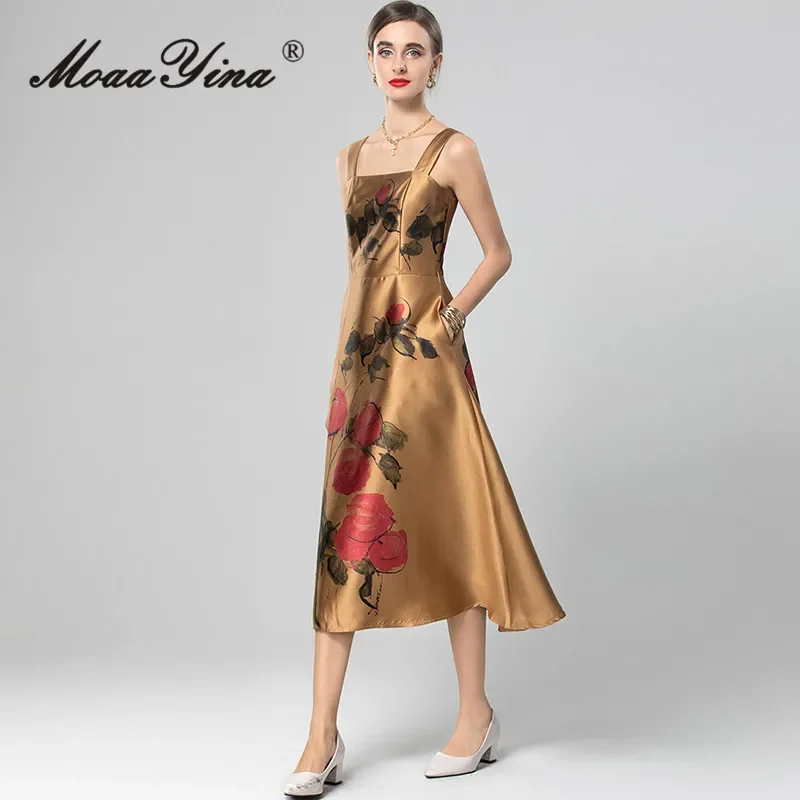 MoaaYina Autumn New Style fashionable Dress Women Spaghetti Strap Backless Rose Print Square-Neck A-Line Dresses